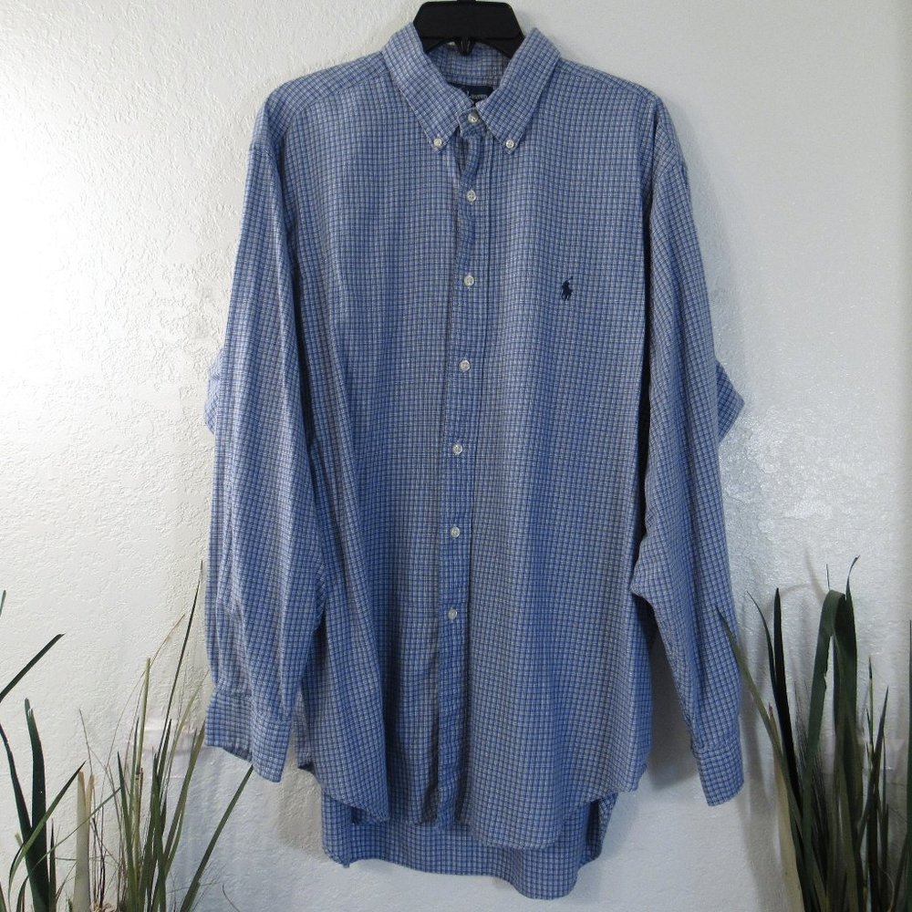 Ralph Lauren Mens Shirt Sz 17/35 Blue Plaid Button - Picture 1 of 11